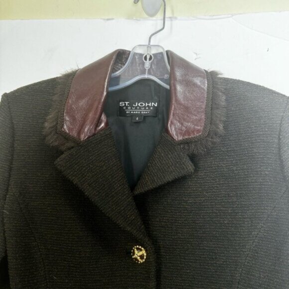 St.John Couture Vintage Knit Leather Fur Jacket Blazer  Wool Silk Classic Luxury - Picture 5 of 16